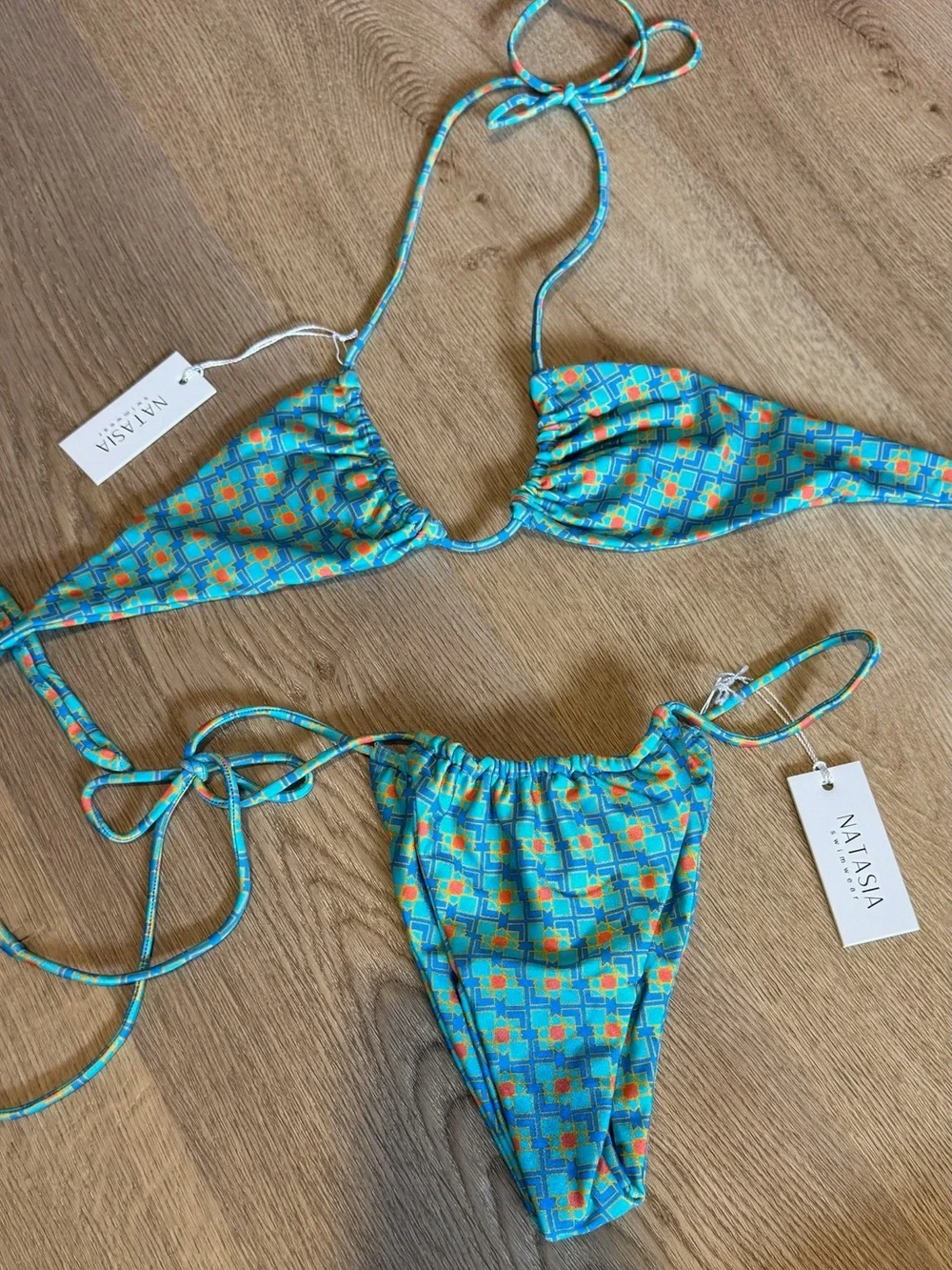 NWT Natasia Swim “Es Vedra” - Turquoise Geo Print Tie-Side Bikini